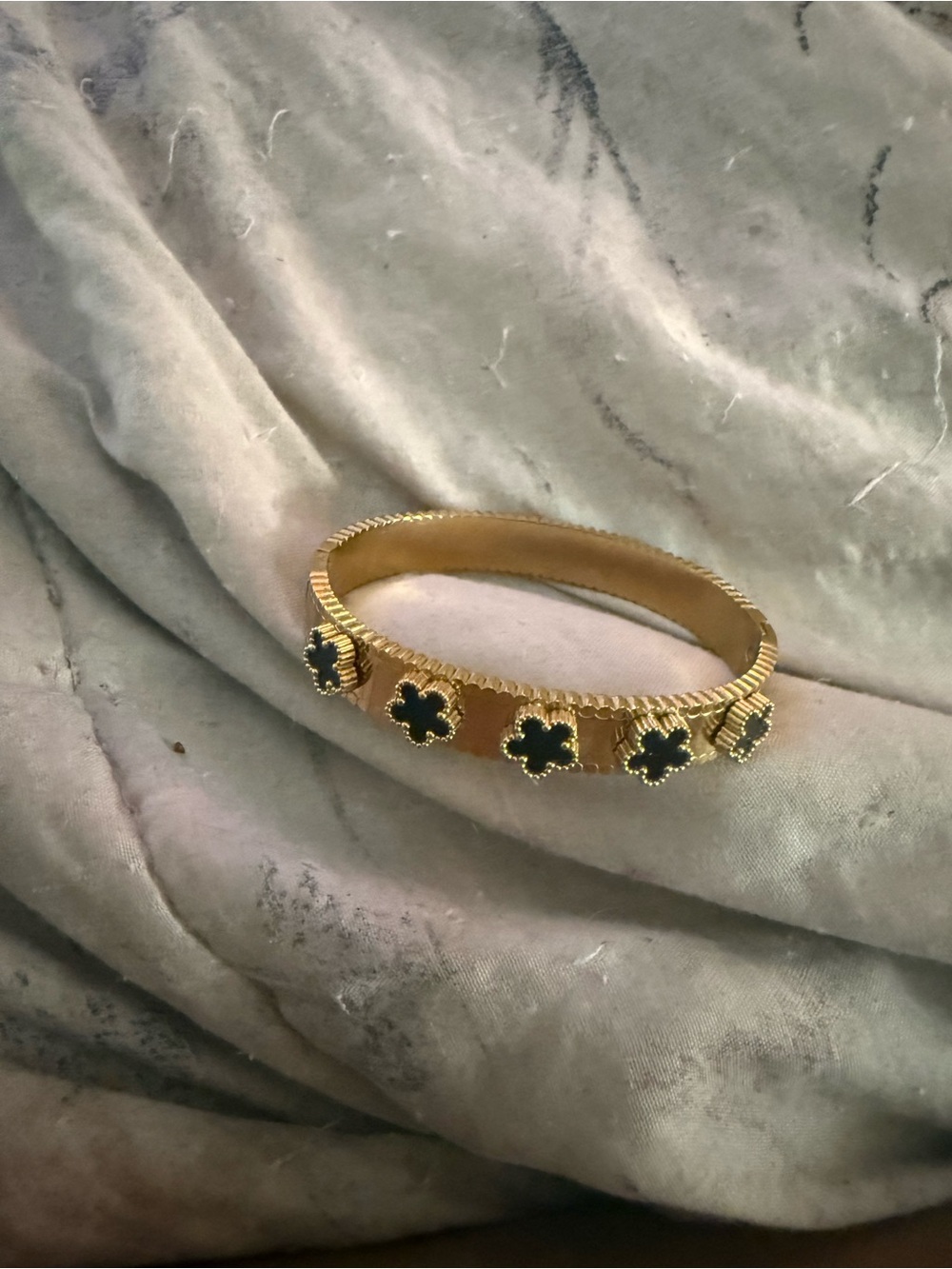 Gold Bangle Bracelet with Black Clover Accents
